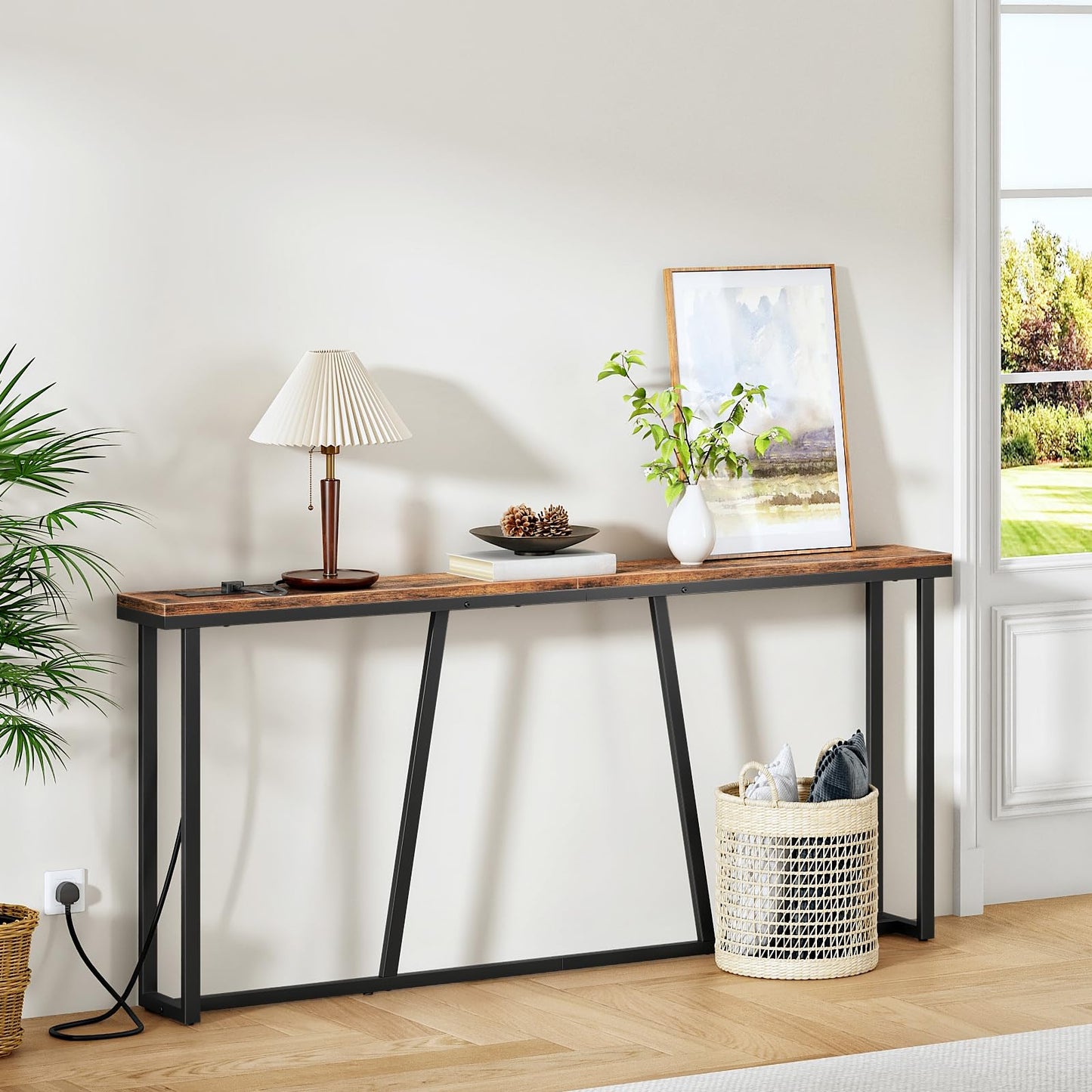 HOOBRO Console Table, 180 cm Slim Console Table with Charging Station, Long Behind Sofa Table, Narrow Hallway Table,for Hallway, Entryway