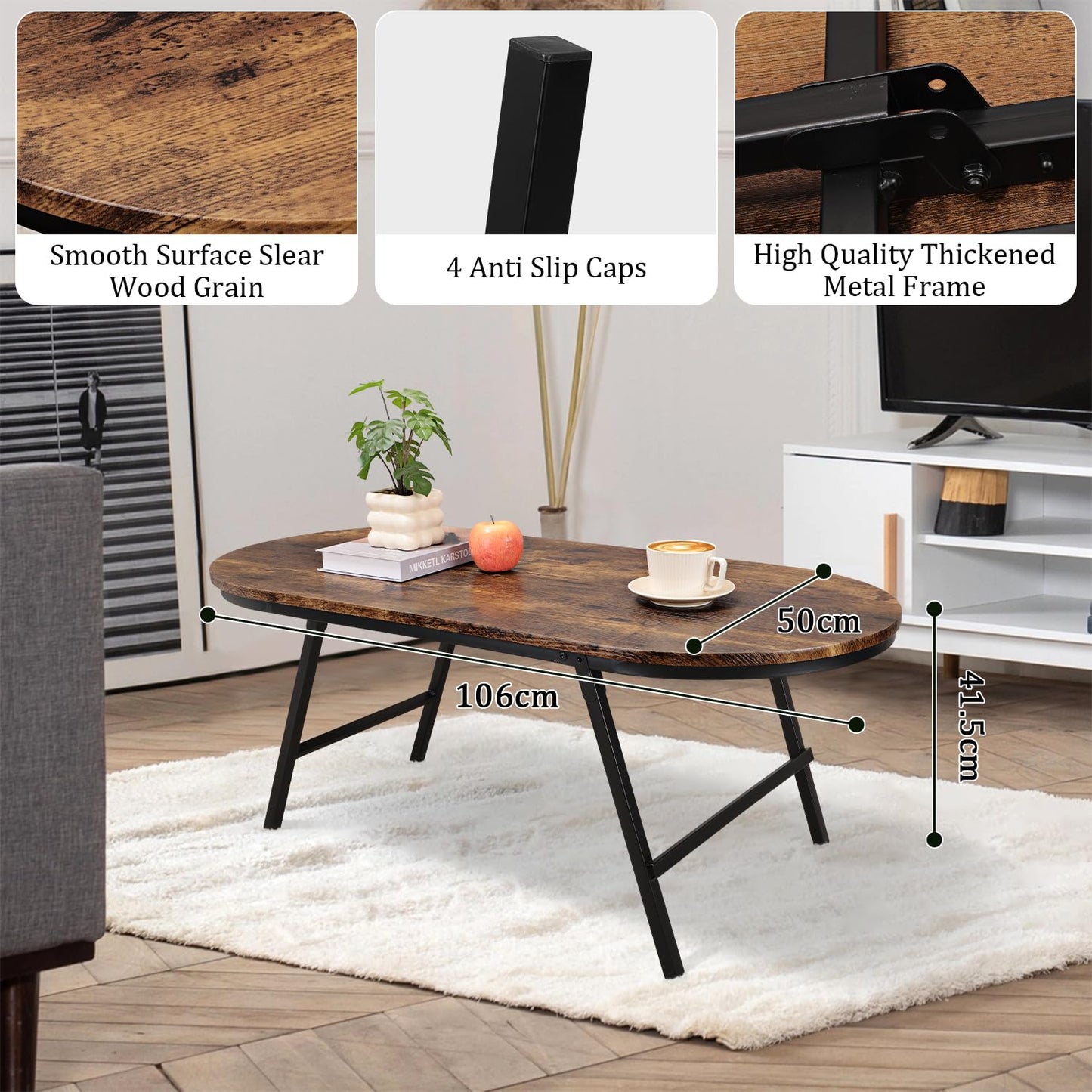 FEUFOAM Folding Coffee Table for Living Room Industrial Brown Small Low Table Wooden Foldable Coffee Tables Oval Floor Desk Tables for Small Spaces