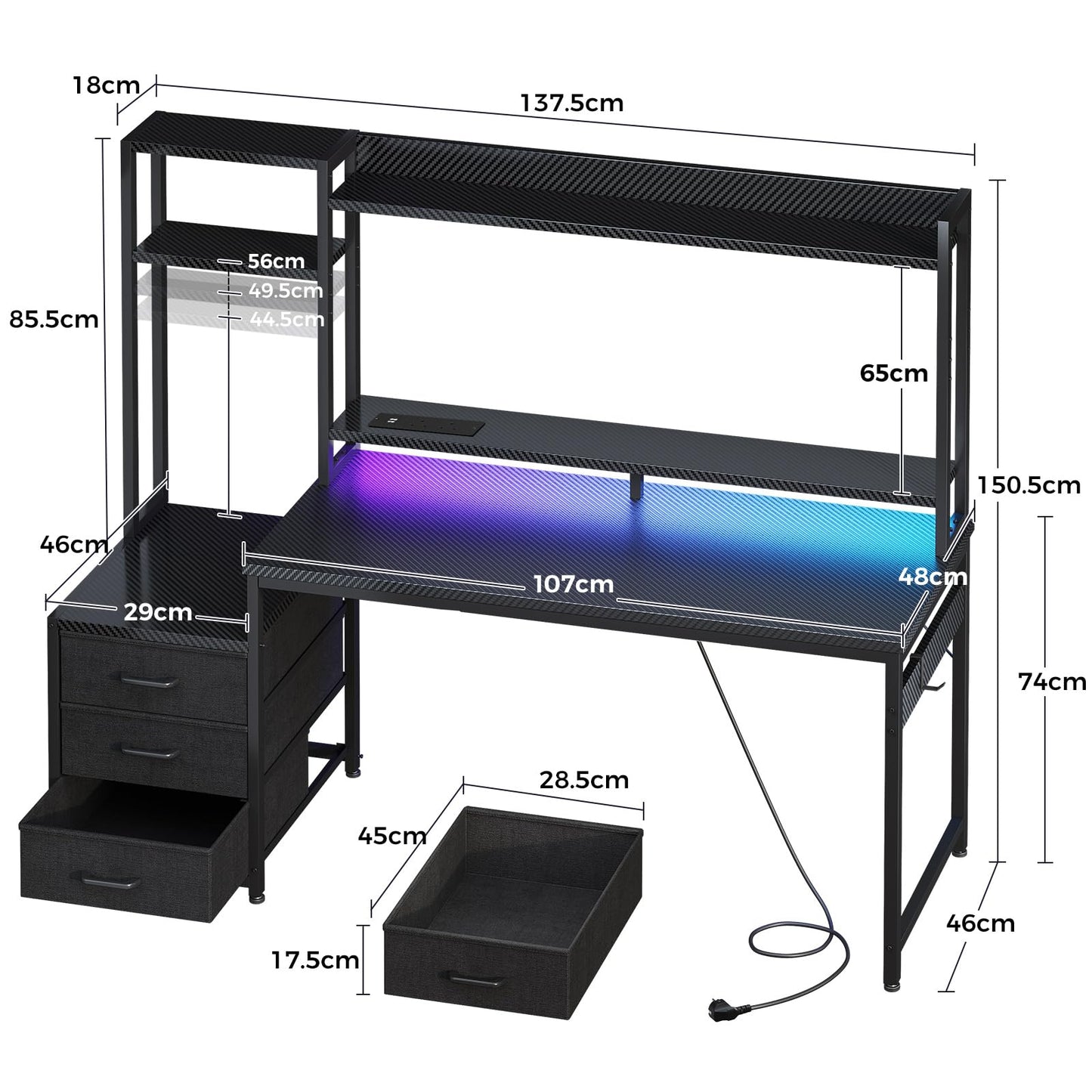 Coleshome Gaming Desk with LED Lights & Display Shelves Carbon Fiber Black