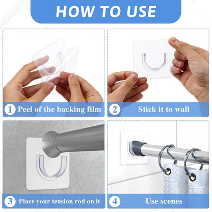 Molain 4Pcs Adhesive Shower Curtain Rod Holder, No Drilling Transparent Shower Rod Holder Invisible Wall Mount Holder Shower Rod Retainer Tension