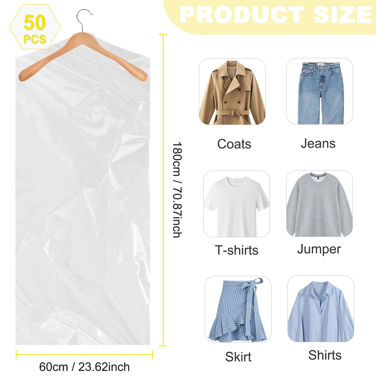 WeeGoo 50 Pcs Plastic Clothes Bag, 60x180 cm, Clear