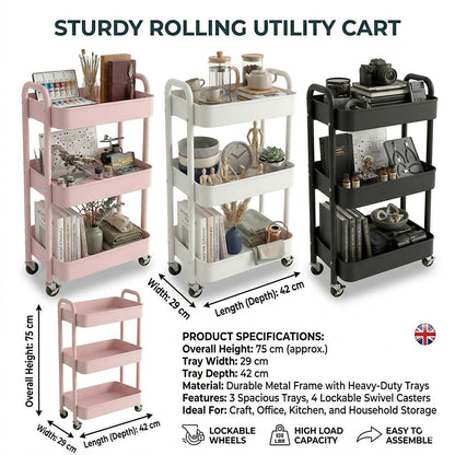BSTHOK Storage Rolling Cart Trolley Metal Mobile Shelving Organiser with 360° Swivel Wheels for Kitchen, Bedroom
