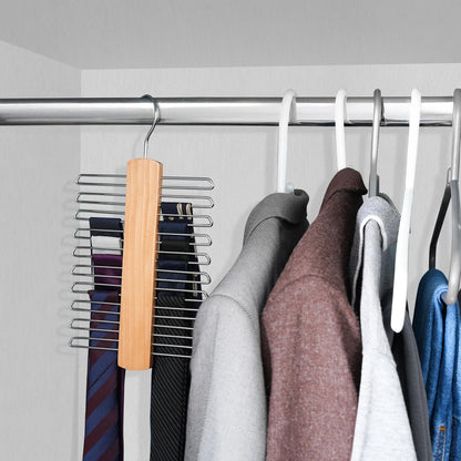 Tie Hanger for Wardrobe | Wooden Tie Organiser for Men with 20 Non-Slip Chrome Bars