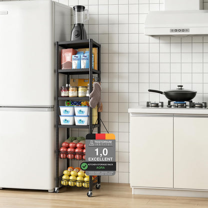 AQRA Kitchen Storage Rack, 12×16×62 in(with castors), 6-Tier Kitchen Shelving with 4 Hooks, Total Load Capacity 395 lbs