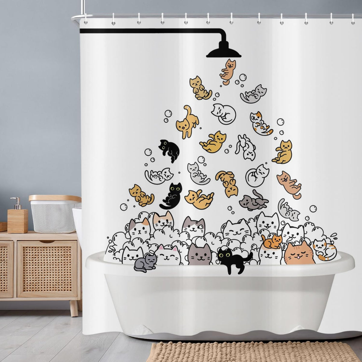 ASDCXZ Funny Cat Shower Curtain 180x200 cm, Cute Cartoon Colorful Kitten Kids Bathroom Animal Hilarious Waterproof Bath Curtain Polyester Textile