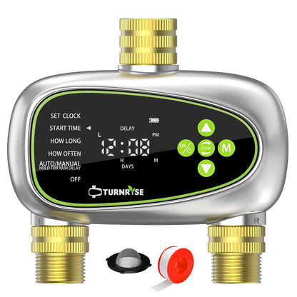 TURNRISE Water Timer 2 Outlets, Digital Sprinkler Timer for Irrigation with Brass Inlet and Outlet, Rain Delay/Manual Watering/Automatic WateringTimer