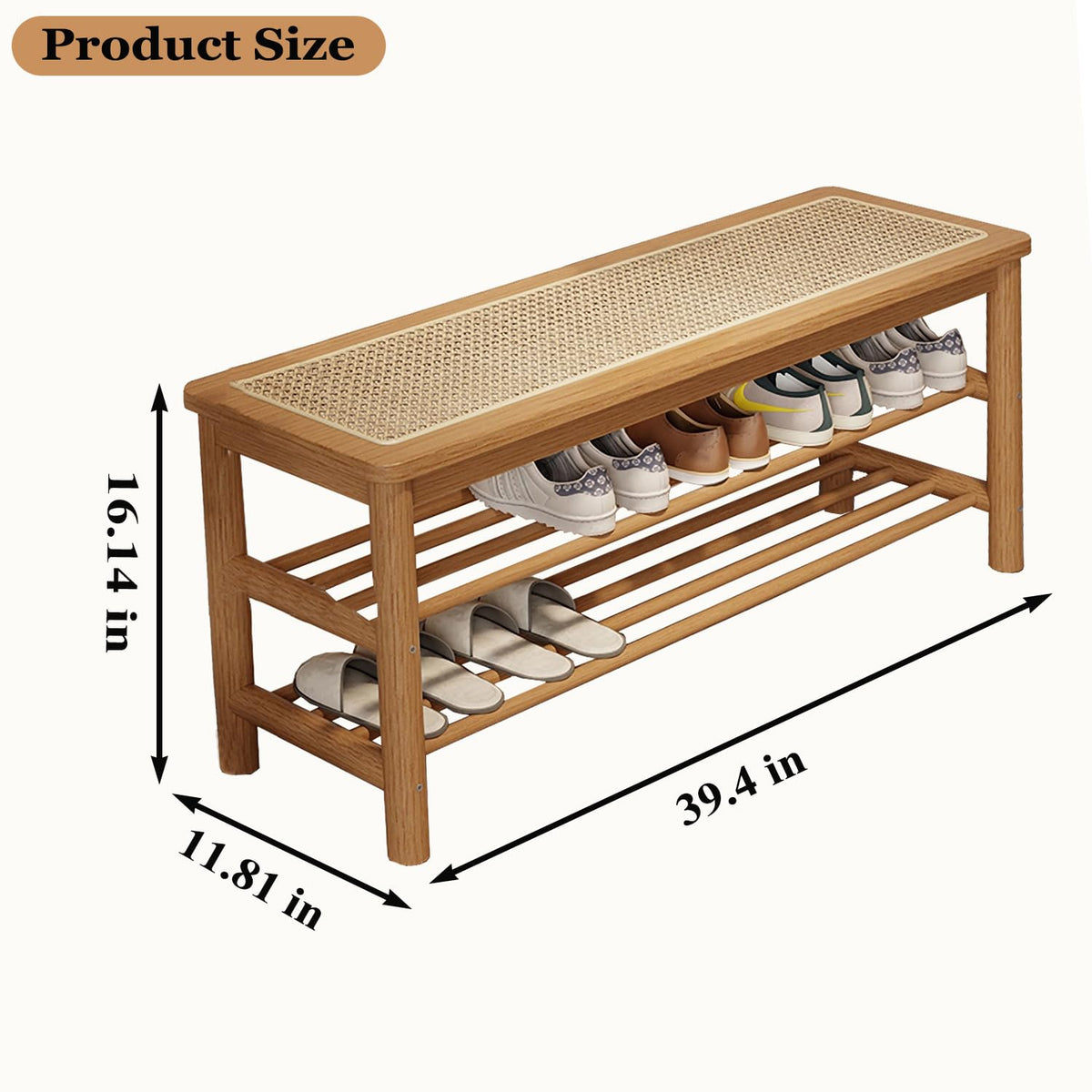 SOBIBO Bamboo Shoe Rack Bench with Rattan Seat, 3-Tier Shoe Storage Bench, Entryway Bench for Hallway,Nature-39.4 inches