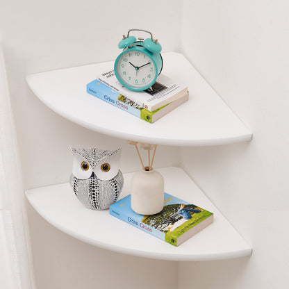 Gieanoo White Corner Shelf Wall Mount, Solid Oak Wood Set of 2 12inch Floating Corner Shelf Round End Floating Speaker Shelf With Wire Hole Shelf for