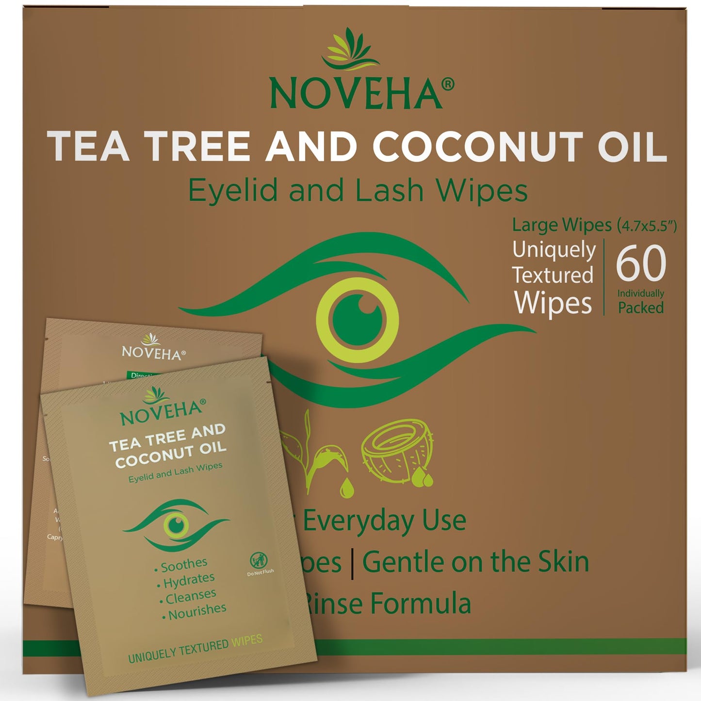 NOVEHA Tea Tree & Coconut Oil Eyelid & Lash Wipes | For Demodex, Blepharitis & Itchy Eyes, Box Of 60 Individually Wrapped Eyelash Wipes With Aloe