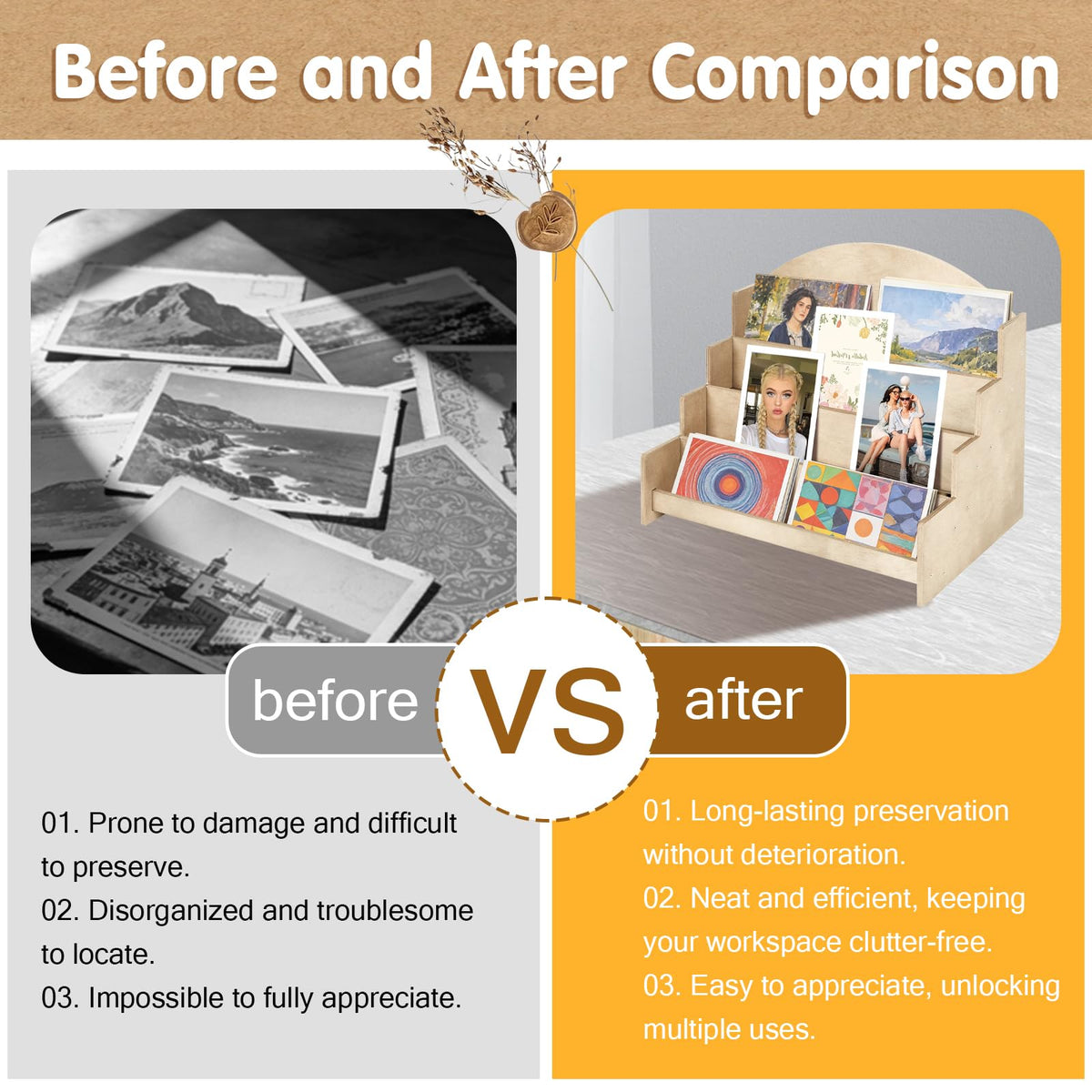 4-Tier Card Display Stand, Greeting Card Rack Storage Sticker Organizer, Multifunctional Wooden Greeting Card Holder Tiered Display Stand for Cards
