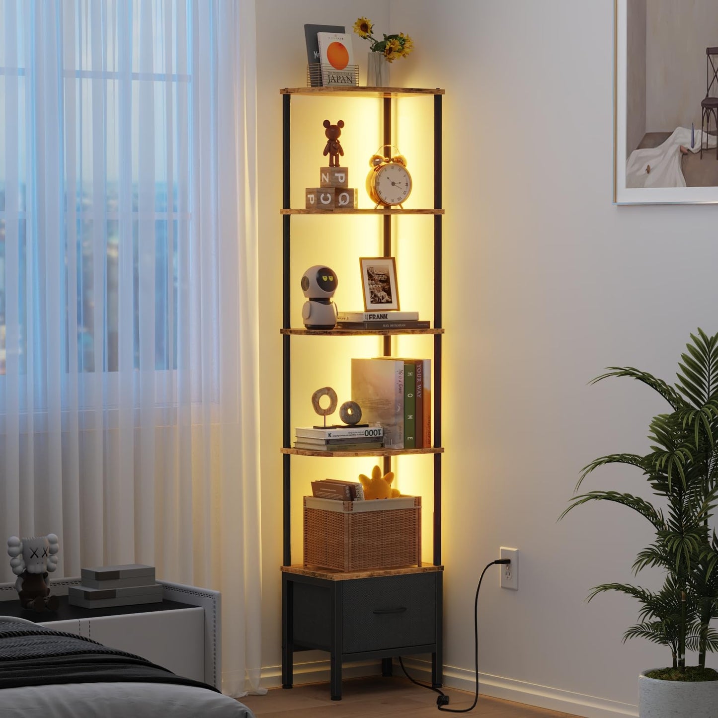 OYRREU 5-Tier Corner Shelf with LED Light & Fabric Drawer, Retro Brown