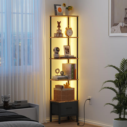 OYRREU 5-Tier Corner Shelf with LED Light & Fabric Drawer, Retro Brown