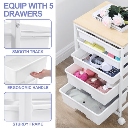 SYKIARIOL 5-Drawer Storage Trolley Rolling Cart, White