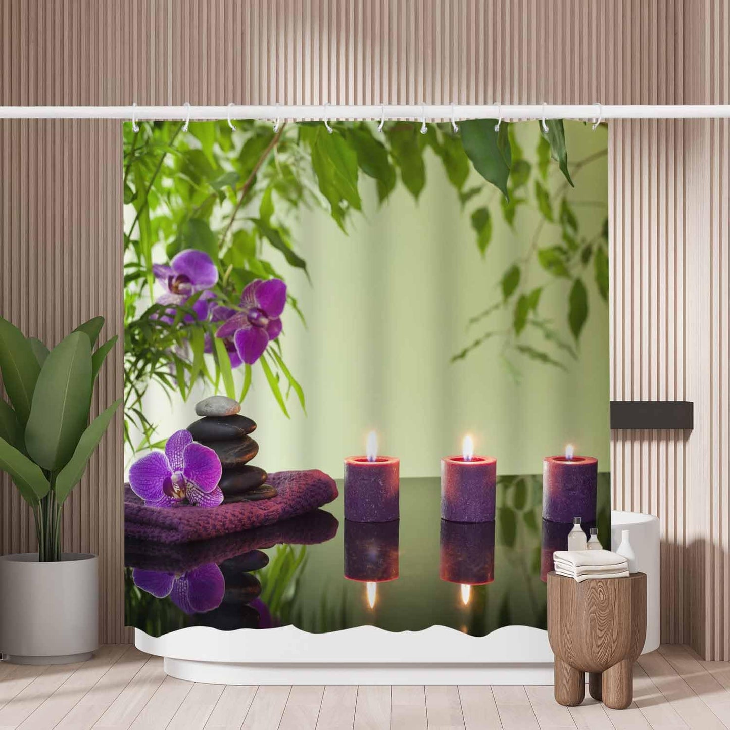 Woutay Shower Curtain Water Repellant Fabric Purple Candles and Orchids,Mould Proof Resistant,Polyester,Size 180x180CM