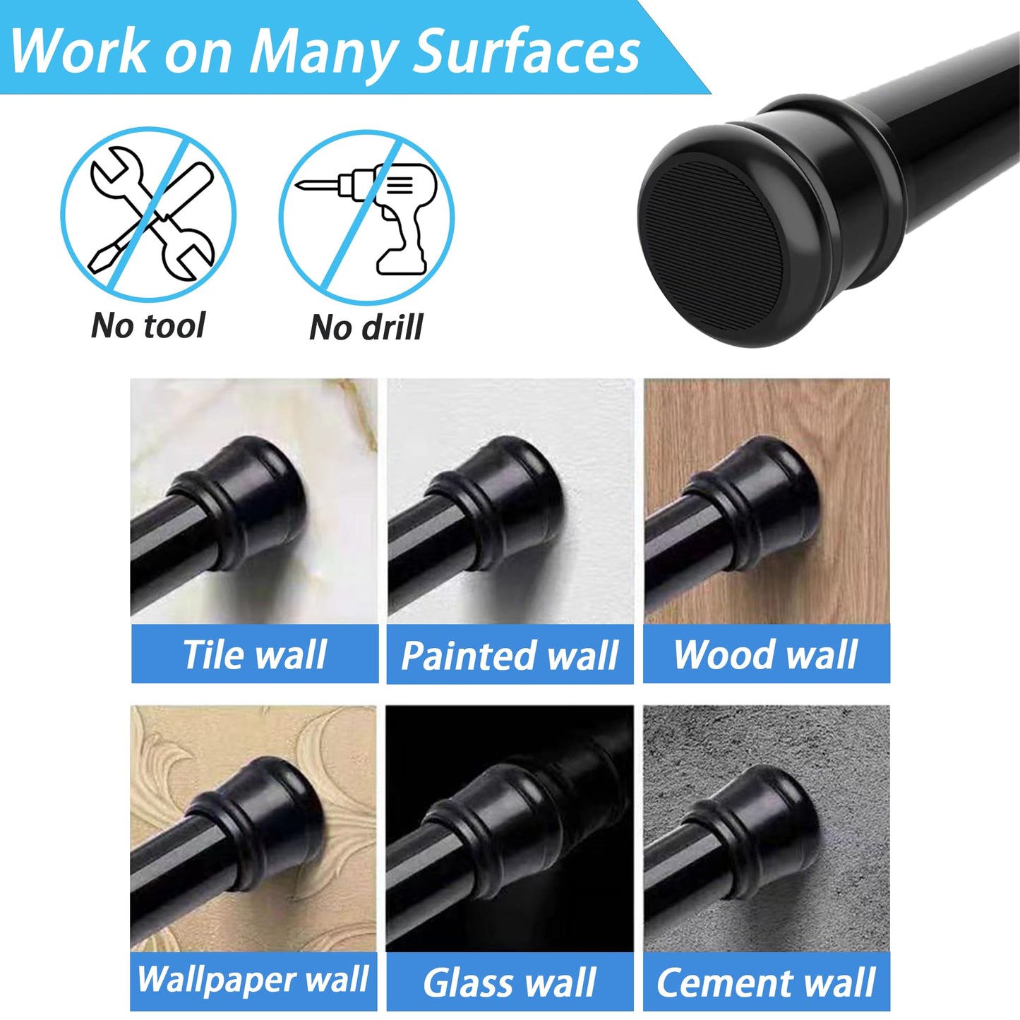 No Drill Curtain Pole 400 cm Long Curtain Rail 3 m Extra-Long Shower Rail Clothes Rail Extendable for Bathroom, Bedroom, Black(190-410CM Φ32mm)