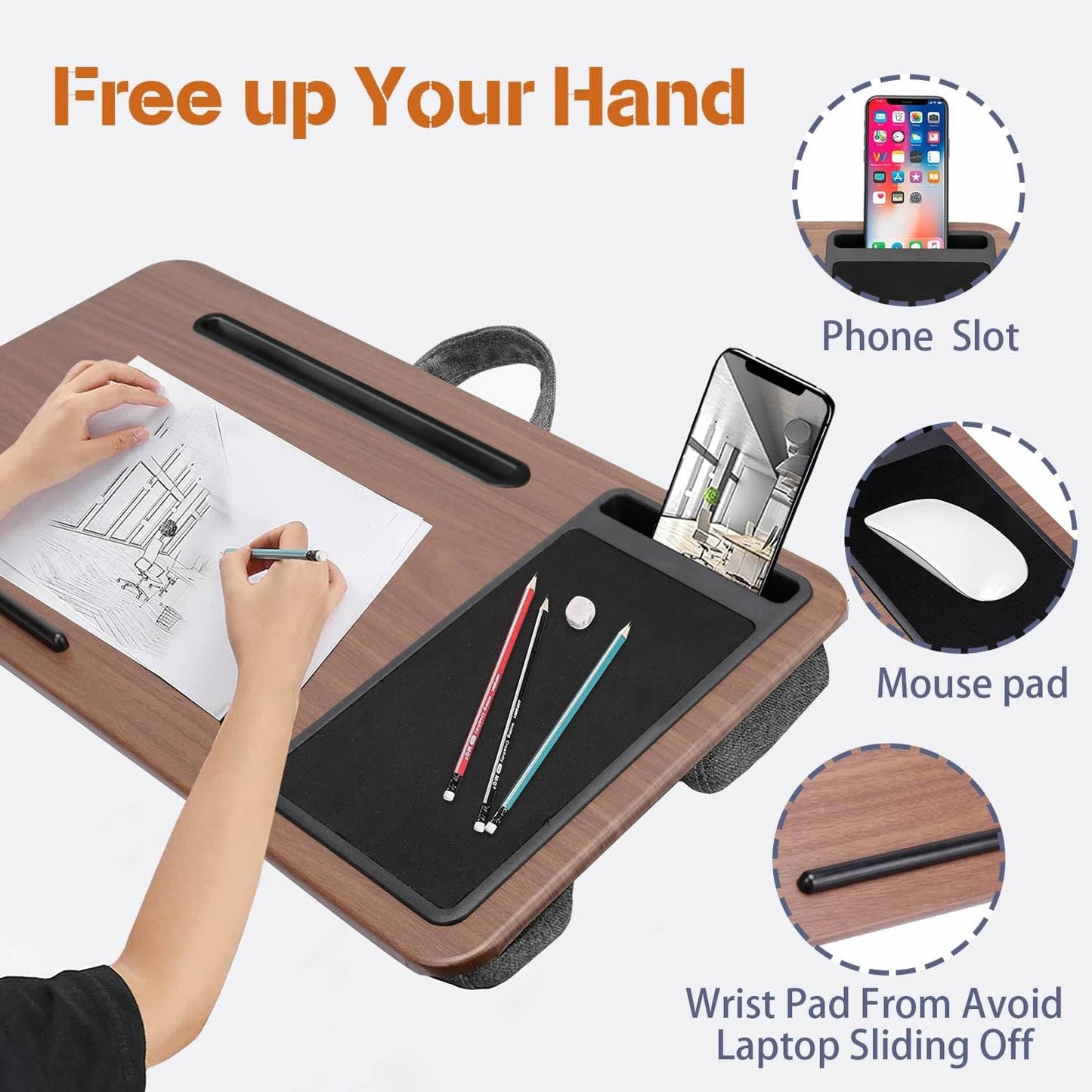Multi-Purpose Home Office Lap Desk Laptop Tray Bed Desk With Mouse Pad and Phone Tablet Holder - Walnut