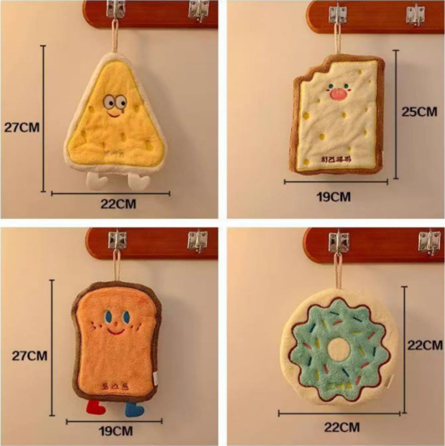 RevpoltIQ 4 Pcs Cute Hanging Hand Towels, Food Shape Cheese Toast Doughnuts Cracker with Cartoon Faces