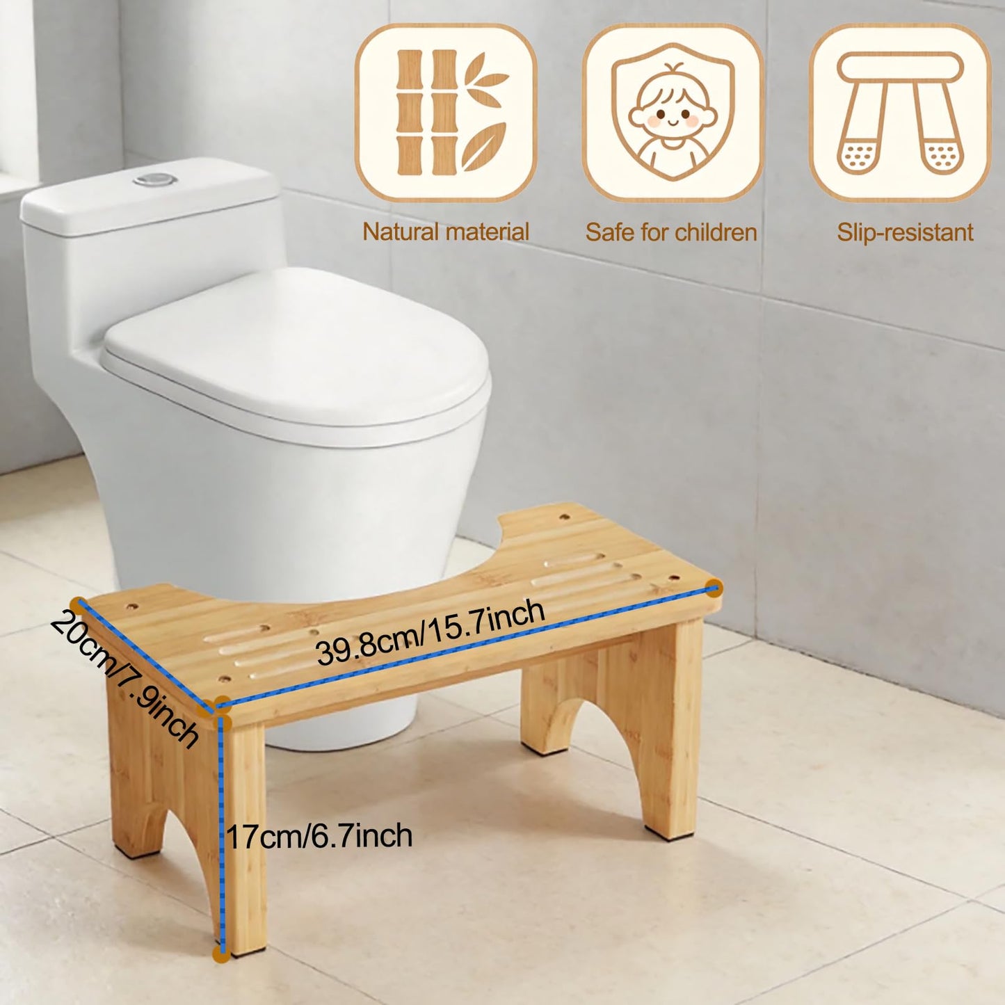 Bamboo Toilet Potty Stool for Adults & Kids, 7.8" Height Anti-Slip Bathroom Squatting Step for Proper Posture