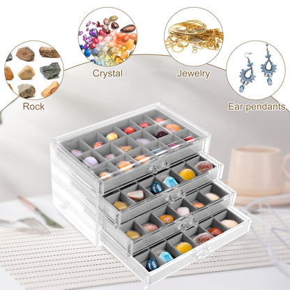 Gatphy Rock Display Case, 4 Drawers Rock Collection Box 72 Grids Rocks Collection Display Case Acrylic Jewelry Box Clear Gemstone Crystals Storage