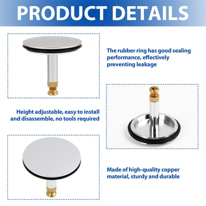 Tuwonwa Adjustable Pop-Up Bathtub & Basin Drain Plug, Copper & Rubber, 1.73 Inch (44mm), Silver