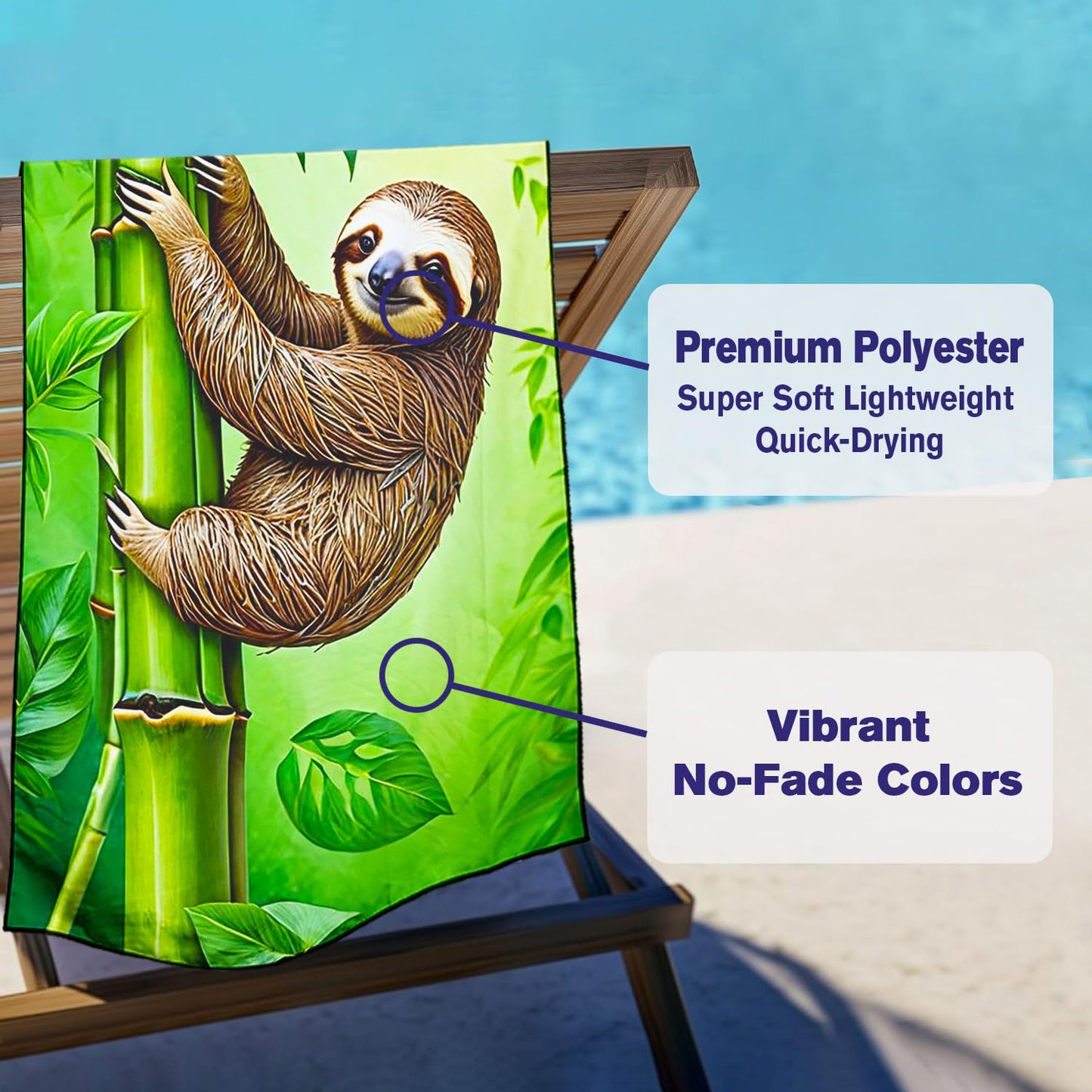 Violetpos Bamboo Climbing Sloth Beach Towel, Extra Large 180x90 cm 250GSM Microfibre, Sand Free Quick Dry