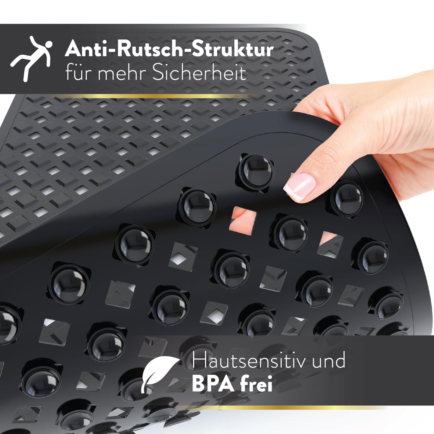 BAMONDO Bath Mat Non-Slip & Skin Sensitive (Black) - 88 x 39 cm - Machine Washable | Mould-Free | BPA Free