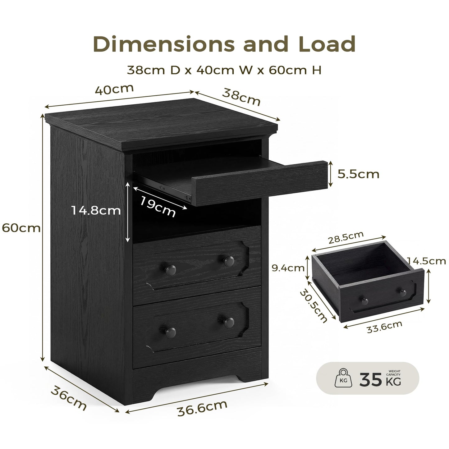 IRONCK Bedside Table with 2 Drawers, Modern Nightstand with Open Shelf, End Table with Pull-Out Tray for Bedroom, Living Room, Black