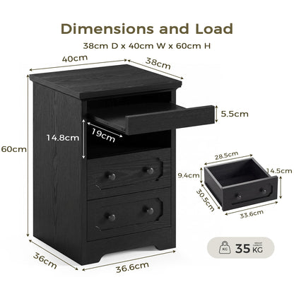 IRONCK Bedside Table Set of 2, Modern Nightstand with 2 Drawers, Open Shelf, End Table with Pull-Out Tray for Bedroom, Living Room, Black
