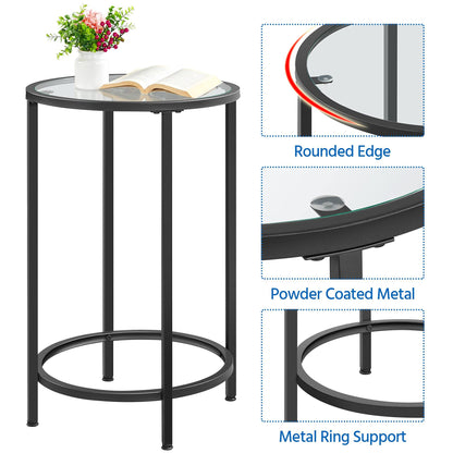 Yaheetech Round Glass Side Table with Metal Frame, Black