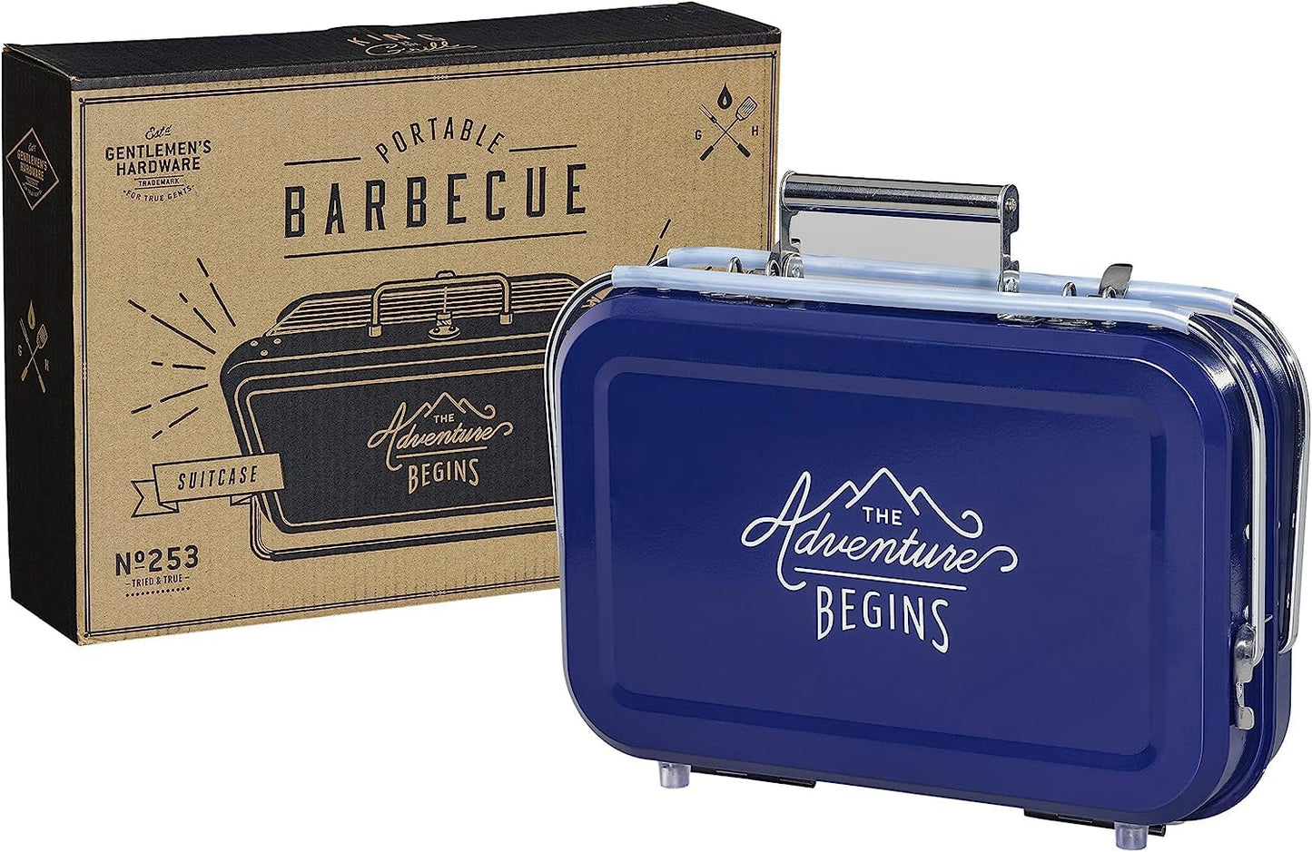 Gentlemen's Hardware Portable BBQ, Lightweight Suitcase-Style in Stainless Steel, Colour: Navy/Blue, 32 x 31.5 x 40 cm, GEN253. Grill and Coal Tray