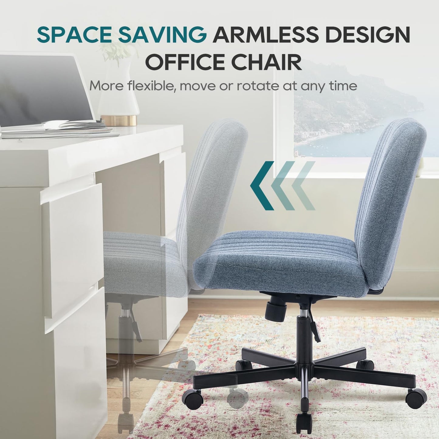 COLAMY Wide Office Chair, Padded Armless Task Vanity Chair Swivel Home Office Desk Chair 115°Rocking Mid Back Ergonomic Computer Chair for Home