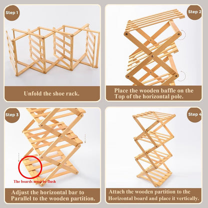 Tielag Vertical Shoe Rack Folding 4 Tier, Narrow Shoe Storage Rack, Bamboo Shoe Shelf, Tall Shoe Stand, Without Installation