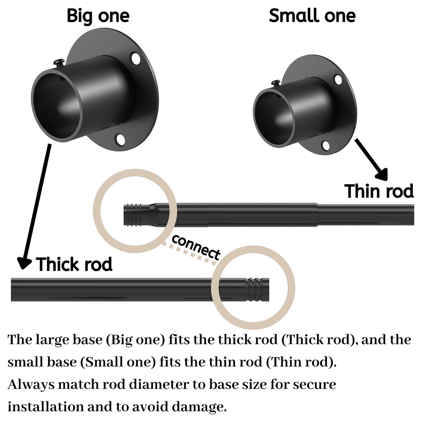 Venwemong Wardrobe Rail,27-42cm Extendable Clothes Hanging Pole, Stainless Steel with Fixing Sockets for Closet & Storage, Black, Diameter 25mm