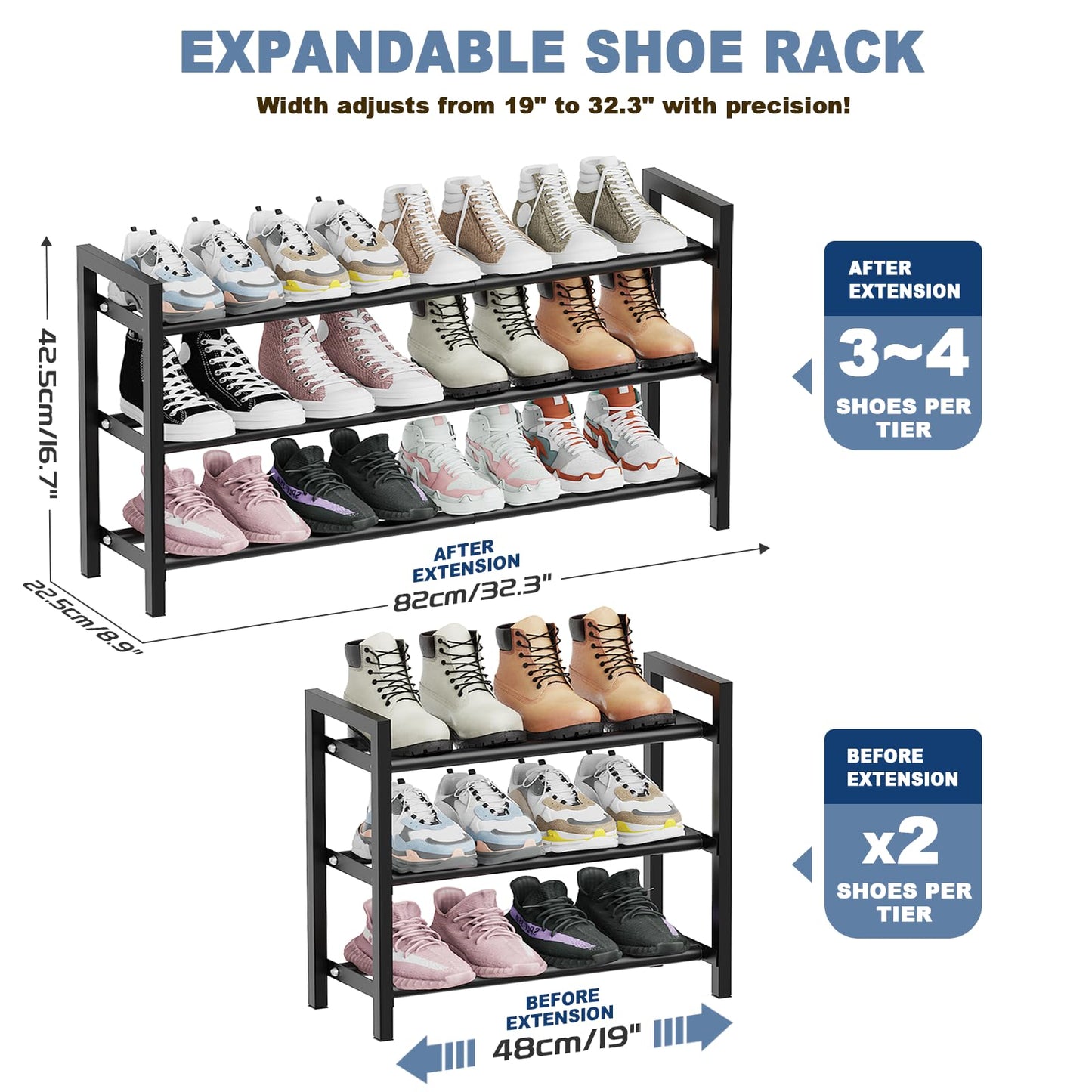 3 Tier Expandable Shoe Rack, Adjustable Metal Shoe Storage Organizer