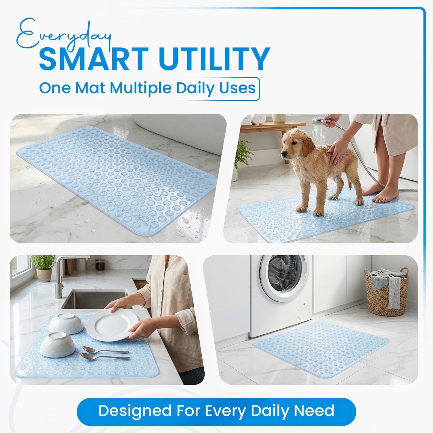 Rugs Garden Shower Bath Mats - Washable Non Slip Anti Mould Rubber Bathmat with Suction Cups for Bathtub and Bathroom (Sky Blue, 38x70 cm)
