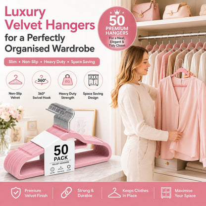 1ABOVE Premium Quality 50 pack Non-Slip Velvet Hangers (44cm) Heavy Duty Velvet Suit Hangers with Tie Bar, 360° Swivel Hooks – Space saving