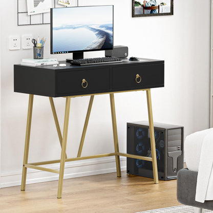 Yvsevnr Wooden Computer Desk Black Writing Desk with 2 Drawers Vanity Dressing Table without Mirror