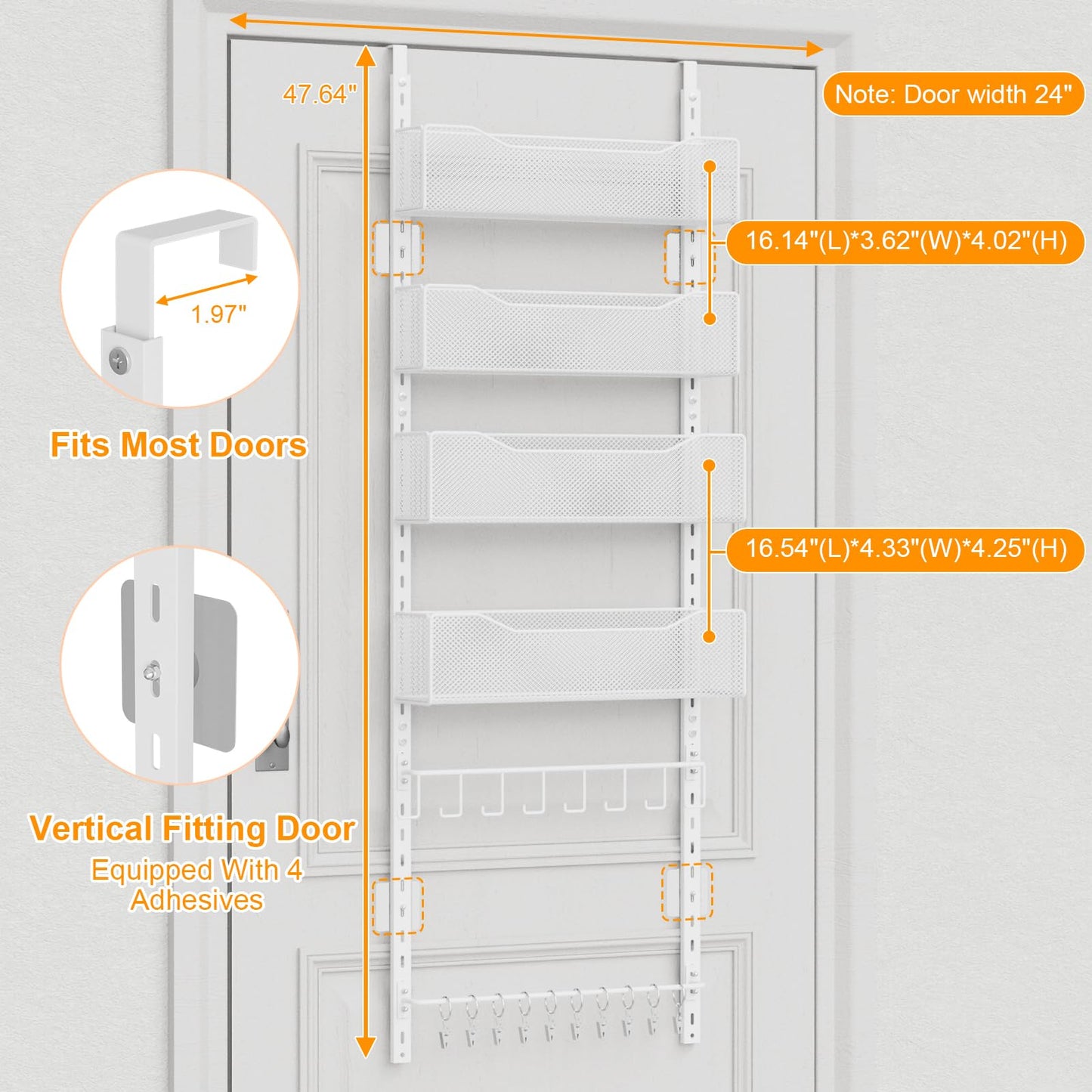 Over the Door Organizer, 2 in 1 Metal Hanging Closet Organizer & Hat Rack with 4 Adjustable Baskets, 8 Hooks, 10 Clips