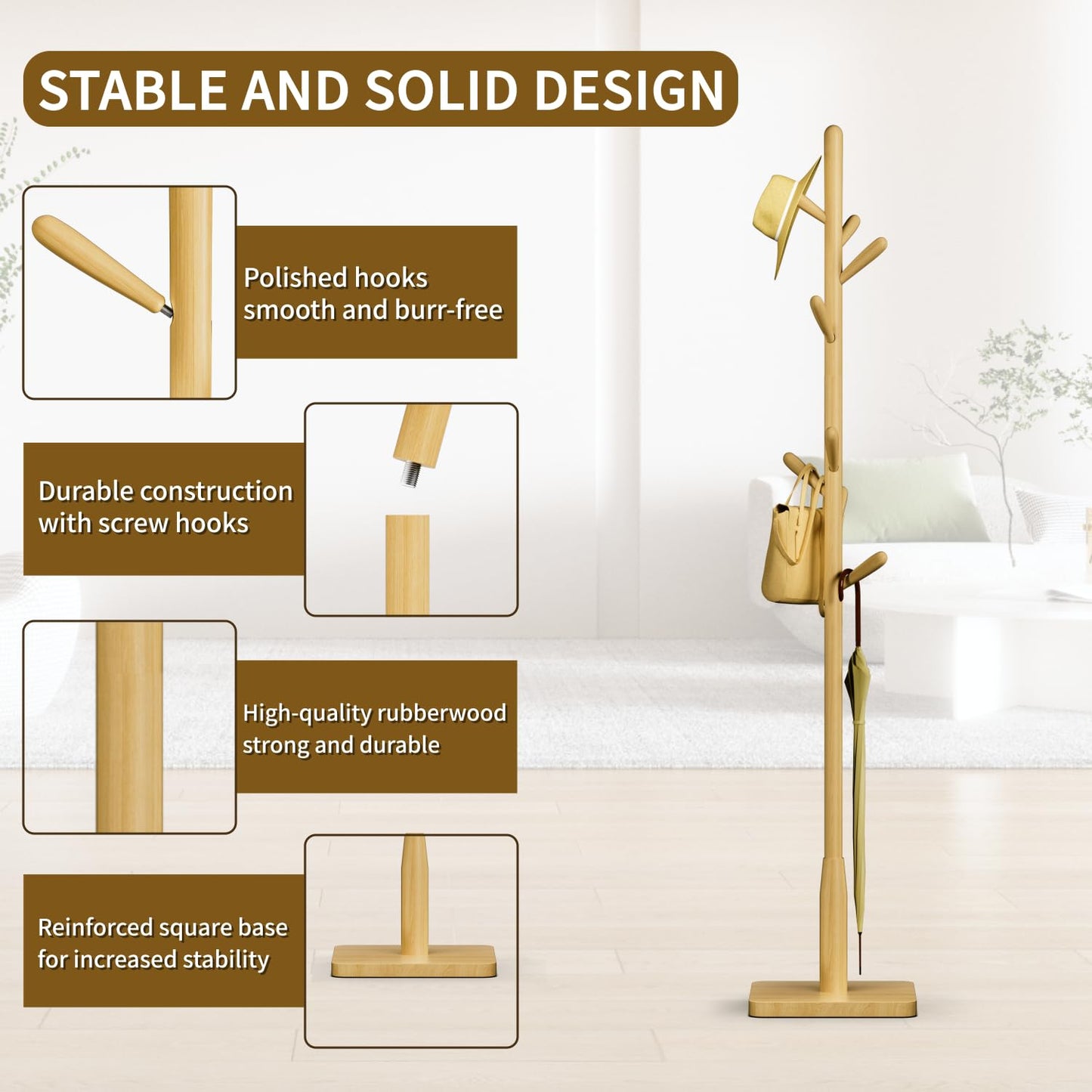 Solid Wood Square Base Coat Rack, Free Standing Hall Coat Tree with 8 Hooks（+2 spare) for Coats, Hats, Bags, Purses, for Entryway, Hallway