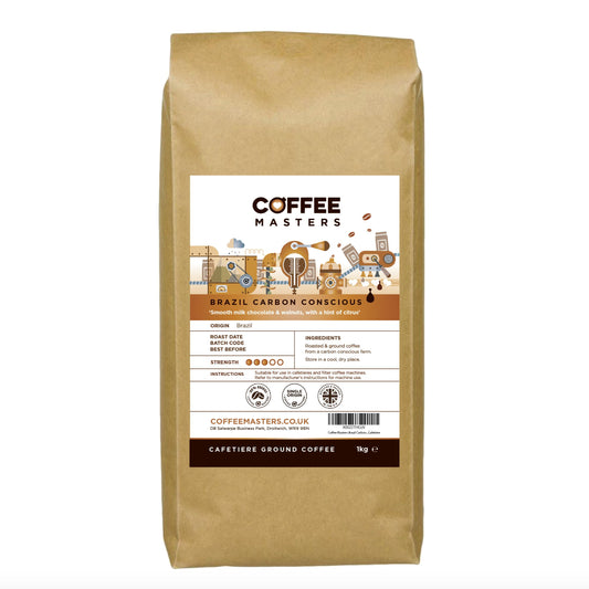 Coffee Masters Brazil Carbon Conscious Cafetiere Ground Coffee 1kg - Single Origin, 100% Arabica Beans - Medium Roasted Brazilian for Cafetiere