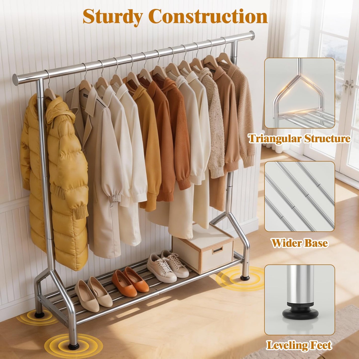 EAGMAK Metal Clothes Rail with Shelf for Hanging Clothes, Sturdy Freestanding Clothes Hanging Rail for Wardrobe & Bedroom Clothing Storage, Silver