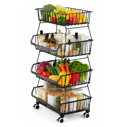 PQHIQ 4 Tier Fruit Vegetable Storage Basket Rack With Wheels, Black