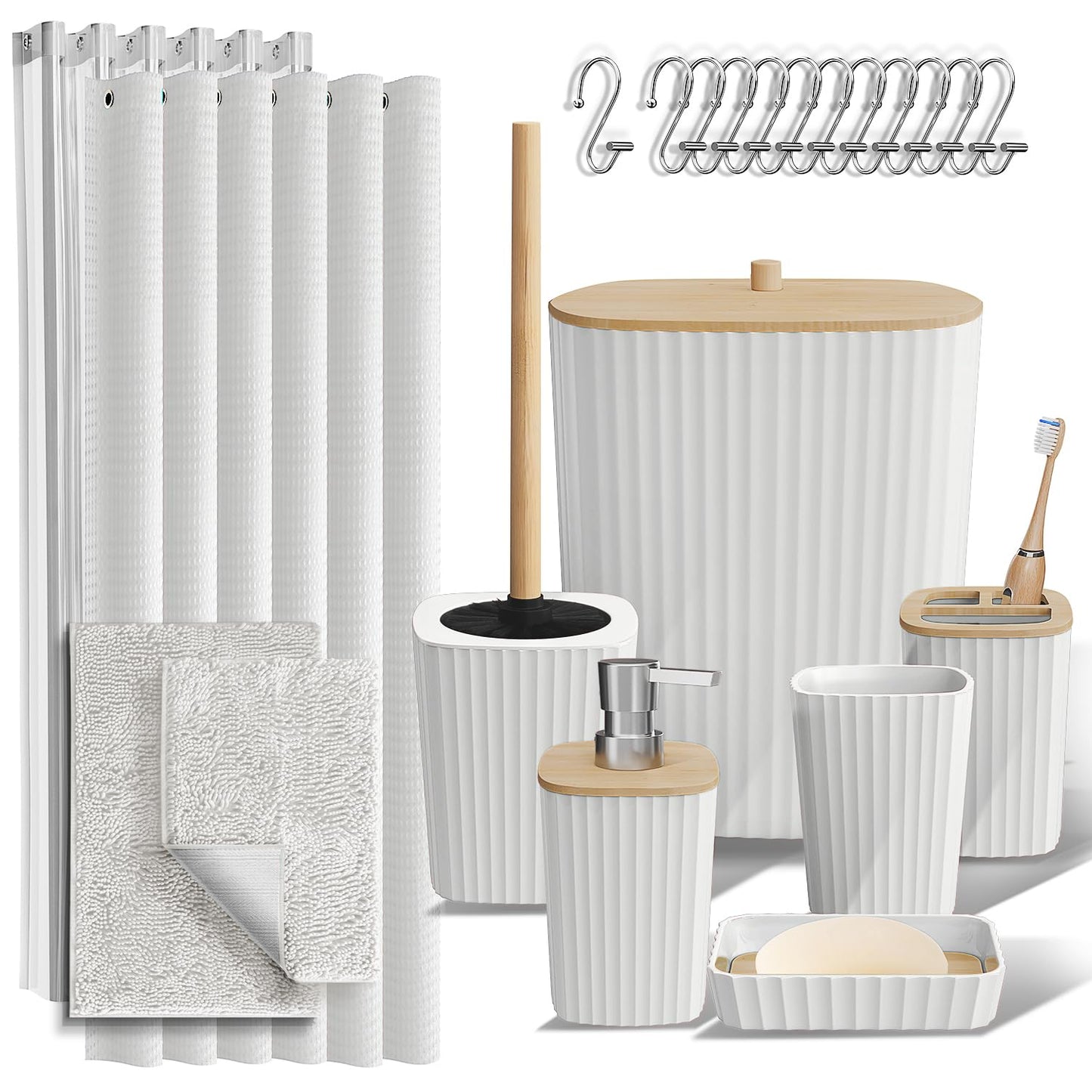 Clara Clark Bathroom Accessories Set - Bathroom Accessory Set with Shower Curtain Set, Toilet Brush, Trash Can & Soap Dispenser & Rugs