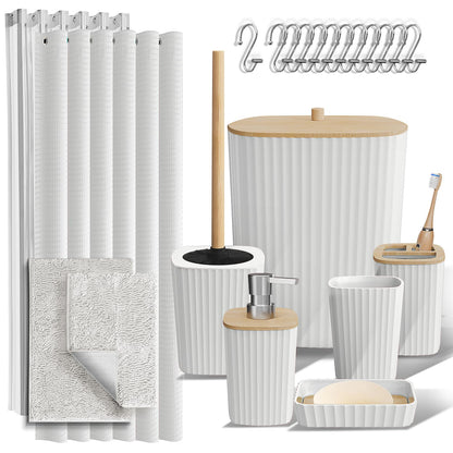 Clara Clark Bathroom Accessories Set - Bathroom Accessory Set with Shower Curtain Set, Toilet Brush, Trash Can & Soap Dispenser & Rugs