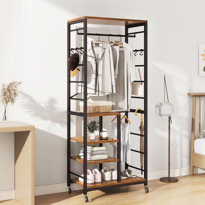IBUYKE Coat Rack,Coat Stand on Wheels with 6 Hooks,Rustic Brown TMJ089H