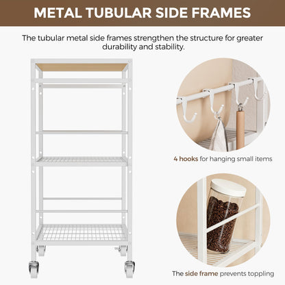3-Tier kitchen trolley,Oak Wood Top,60W×40Dcm,4 Hooks, Adjustable Shelves