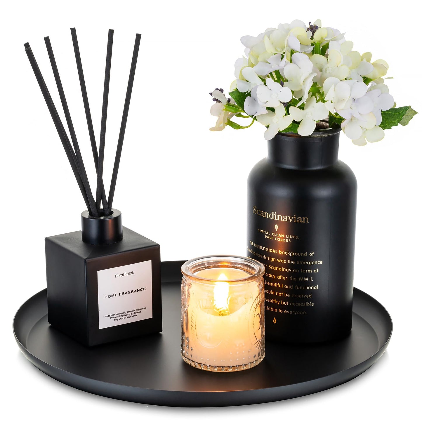 Romadedi Round Decorative Black Tray - Metal Candle Trays for Coffee Table Decor Candle Holders Plate for Centerpiece Kitchen Counter Perfume Organiser Display Home Decorations, 28cm