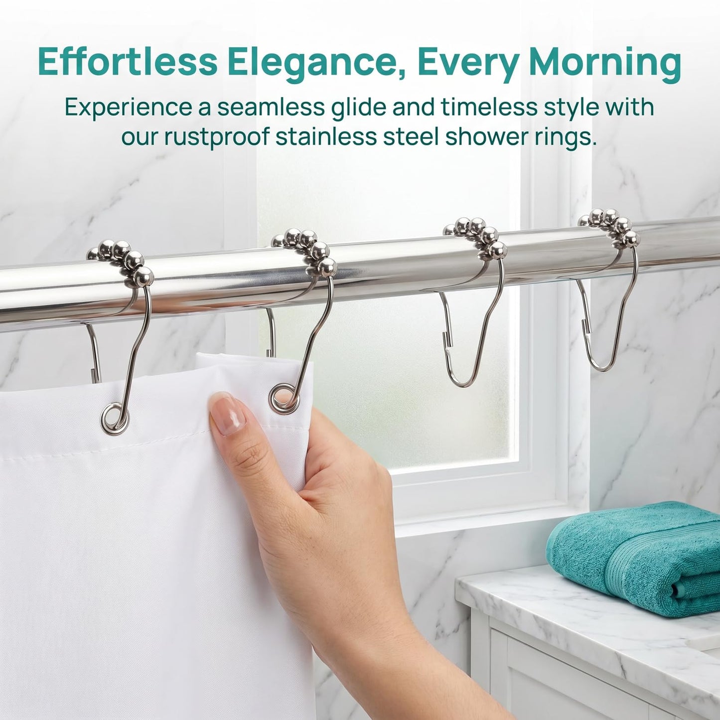 12 Pcs Stainless Steel Shower Curtain Hooks, Rustproof Metal Shower Curtain Rings with Roller Balls
