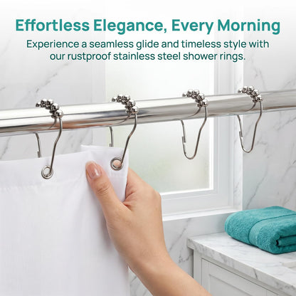 12 Pcs Stainless Steel Shower Curtain Hooks, Rustproof Metal Shower Curtain Rings with Roller Balls