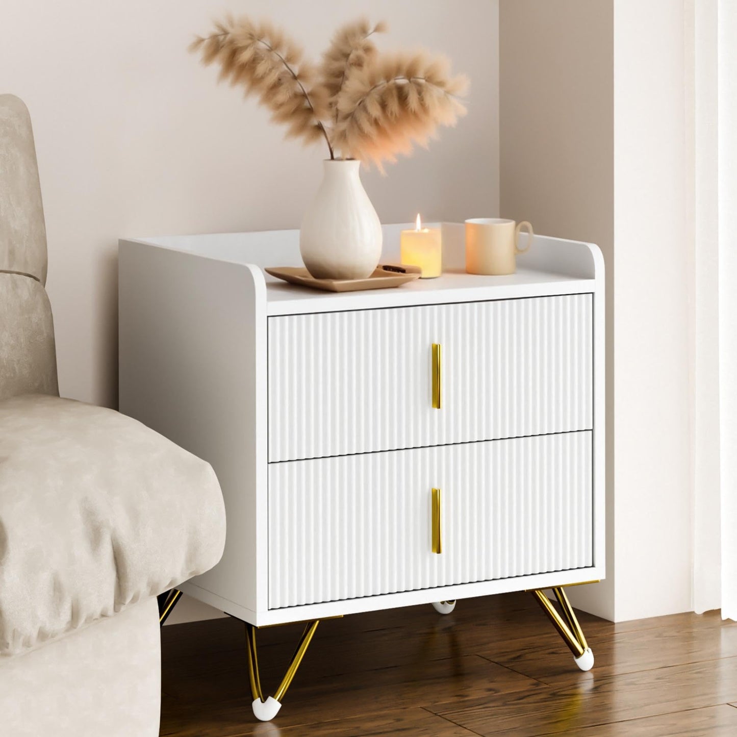Mondeer Bedside Table with 2 Drawers, Small Nightstand Storage Cabinet with Metal Legs, for Bedroom Living Room, 50 x 40 x 50 cm, White & Gold